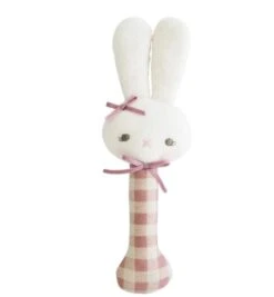 Alimrose Bunny Stick Rattle Rose Check